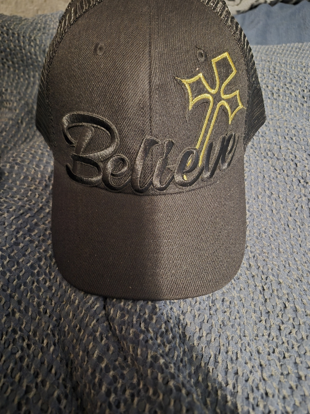 Black Baseball Cap with Gold Cross Embroidery